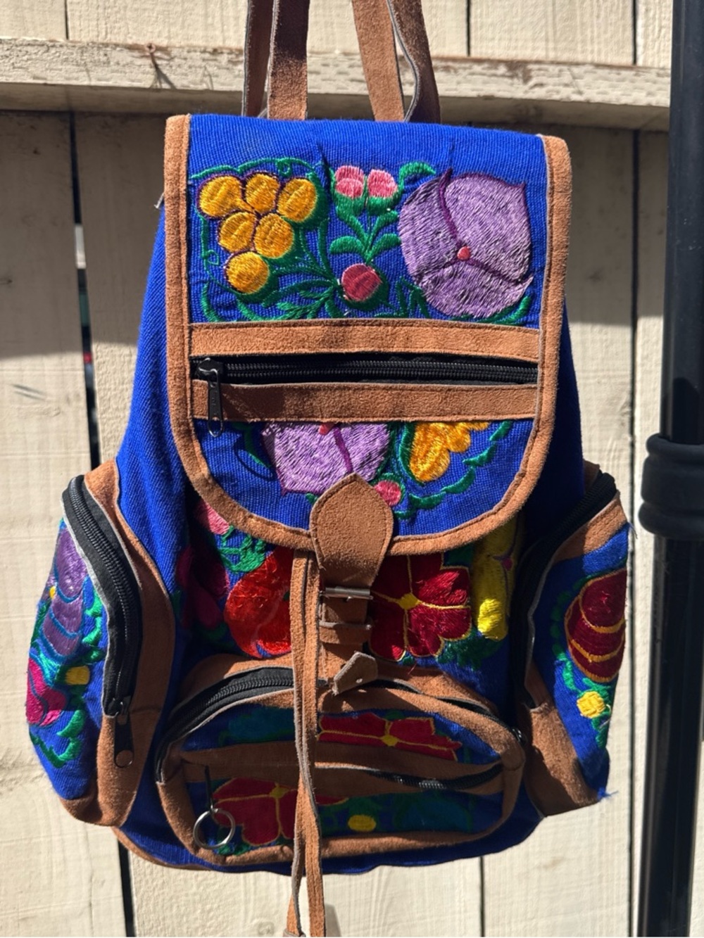 Embroidered Floral Backpack - Blue